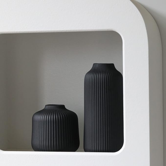 flature Ceramic Vases in Nordic Style, Modern Vase Deco for Pampas Grass, Boho Deco for Windowsill, Vases Set in Black Matt, Flower Vase as Home Decoration for Fresh Flowers, Dried Flowers, Set of 2
