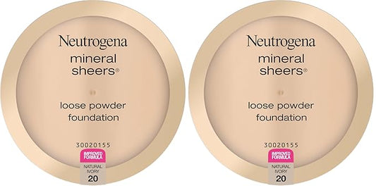 Neutrogena Mineral Sheers Loose Powder Makeup Foundation Lightweight Face Makeup Sheer to Medium Buildable Coverage-Sensitive Skin Foundation with Vitamin A, C, & E, Natural Ivory 20,19 oz (Pack of 2)