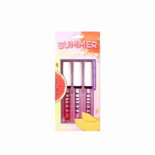 NICKA K NEW YORK Summer Splash Fruity Lip Gloss Set – Watermelon, Blueberry & Peach – Hydrating, Non-Sticky, Long-Lasting Shine (MLGFR2 Summer Splash)