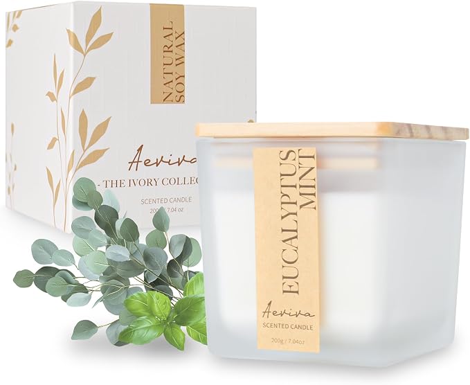 Eucalyptus Mint Scented Candle, 7.04oz 40 Hour Burn, Natural Soy Wax with Crackling Wood Wick, Highly Scented Aromatherapy Candle for Stress Relief & Meditation, Gifts for Women & Men