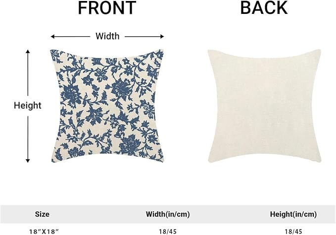 Floral Pillow Covers 18x18 Inch Set of 2 Block Print Blue Flower Throw Pillow Covers Outdoor Decor Boho Vintage Flower Decoration Pillowcase Farmhouse Decorative Cushion Cover for Home Sofa
