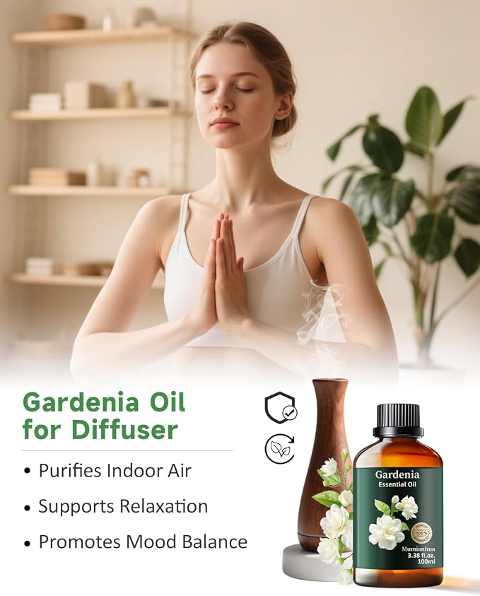 Gardenia Essential Oil, Sweet Floral Scent, Diffuser & DIY, 3.38 Fl Oz | Mumianhua Gardenia Oil, Steam-Distilled. Creamy Floral Aroma. For Diffuser, Perfume, Skin, Hair & Candle