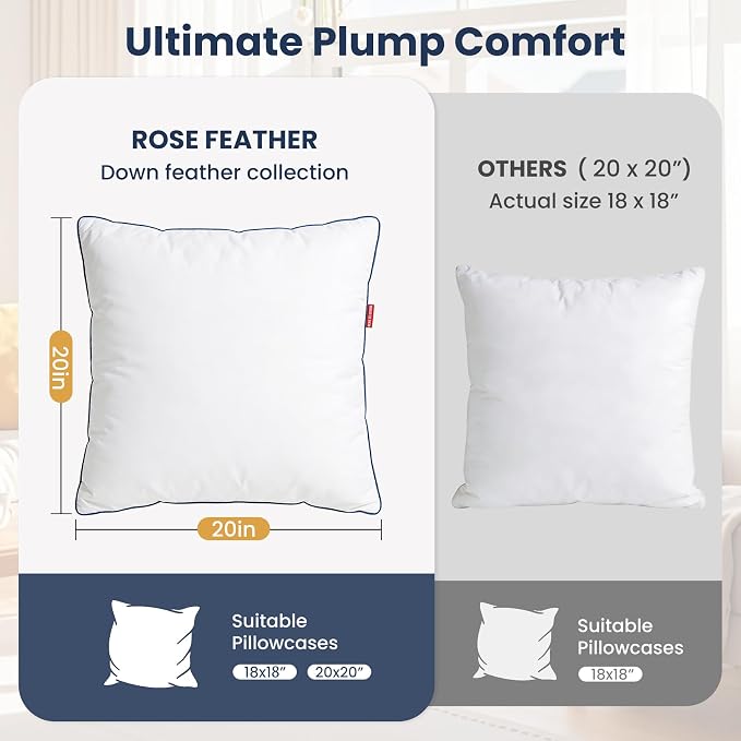 Down Pillow Inserts 20x20, Set of 2, 100% Goose Down Feather Throw Pillows Inserts, Triple-Layer Downproof, Decorative Pillow Insert with Soft Cotton Cover for Couch Sofa Bed Living Room