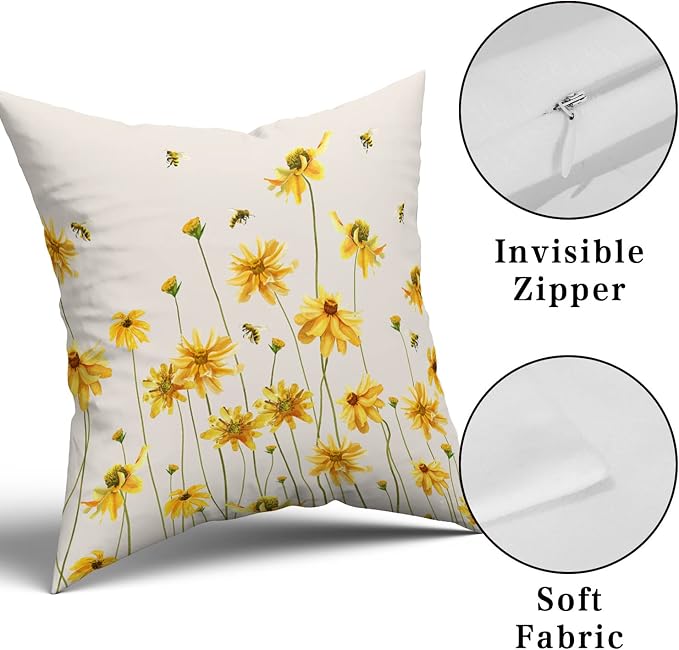 Spring Summer Throw Pillow Covers 20X20 Inches Set of 2 Yellow Flowers Coreopsis Bee Decorative Pillow Cases Bees Floral Pillow Cover Farmhouse Home Decor for Outdoor Room Couch Patio Porch