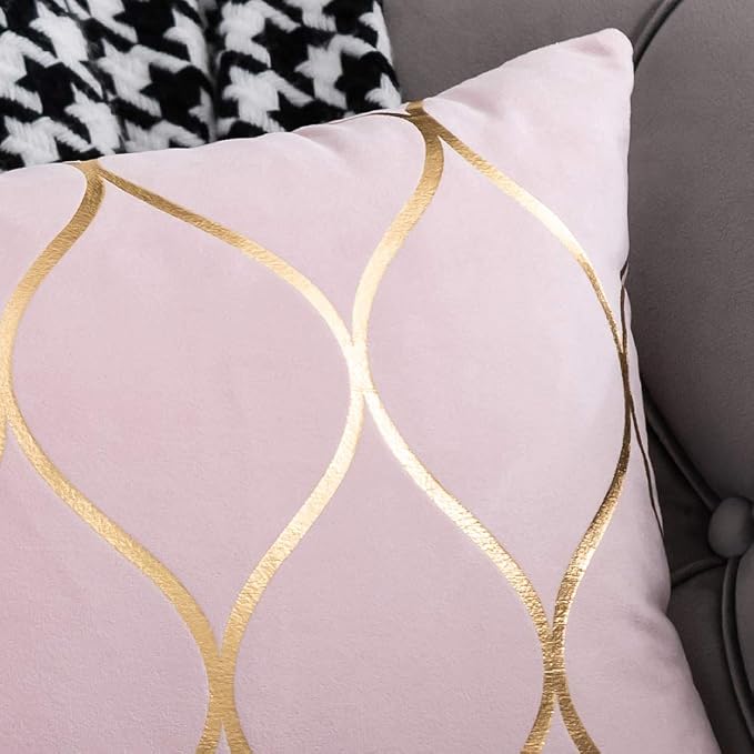 Gold Velvet Throw Pillow Covers: 2 Pack 16x16 Inch Square Decorative Pillow Cases for Bedroom Sofa Couch Living Room, Pink