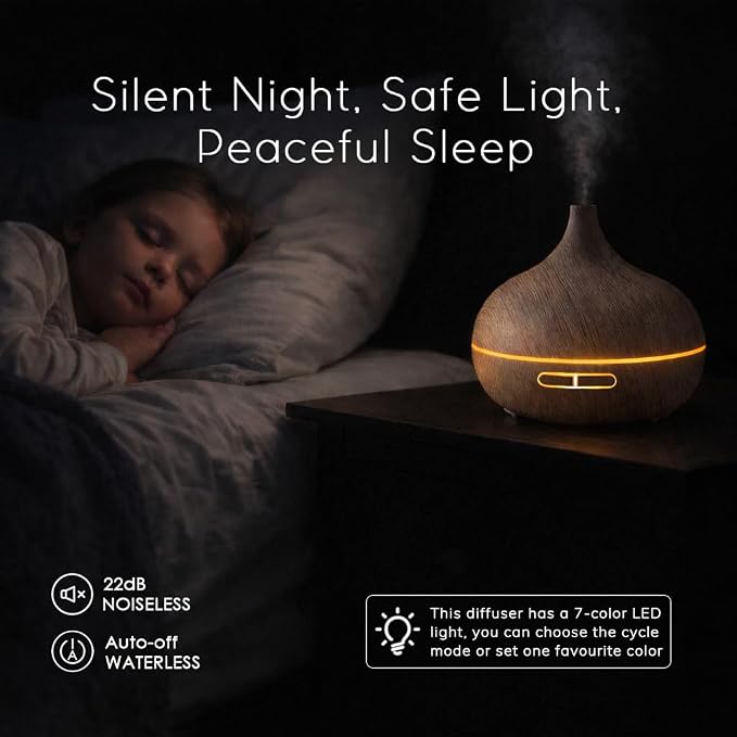 550ml Essential Oil Diffusers with Remote Control, Ultrasonic Oil Diffuser with Timer，7 Color LED Night Light and Waterless Auto-Off Functions for Home, Spa White Wood Grain