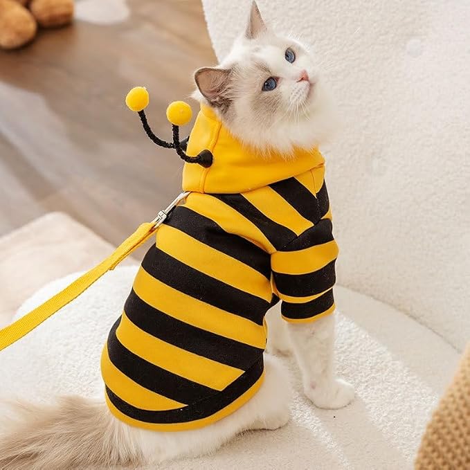 Selena Cat Bee Antennae Costume Hoodies Cute Bee Stripes Dog Kitten Puppy Pet Apparel (Small,Yellow&Black)