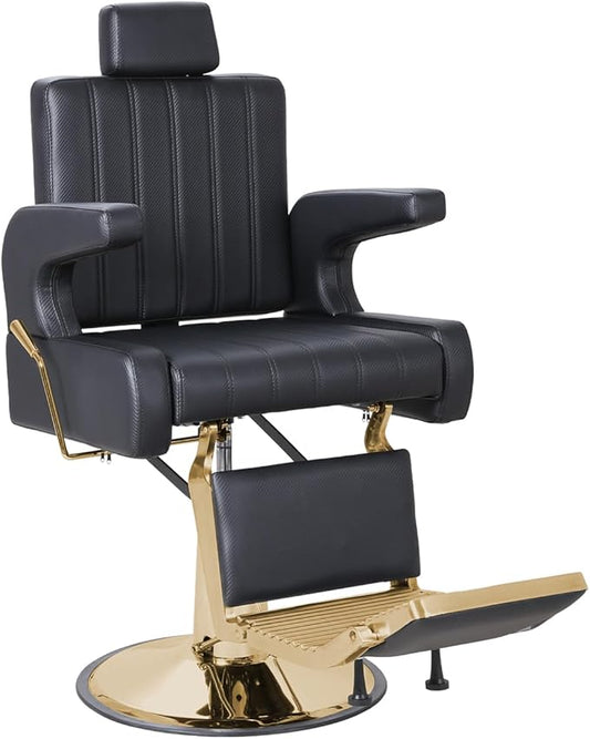 Salon Barber Chair for Hair Stylist, Reclining Beauty Chair with Heavy Duty Hydraulic Pump, 360° Swivel Hair Styling Chair for Barbershop Beauty Spa Salon Home (Black & Gold, Standard)