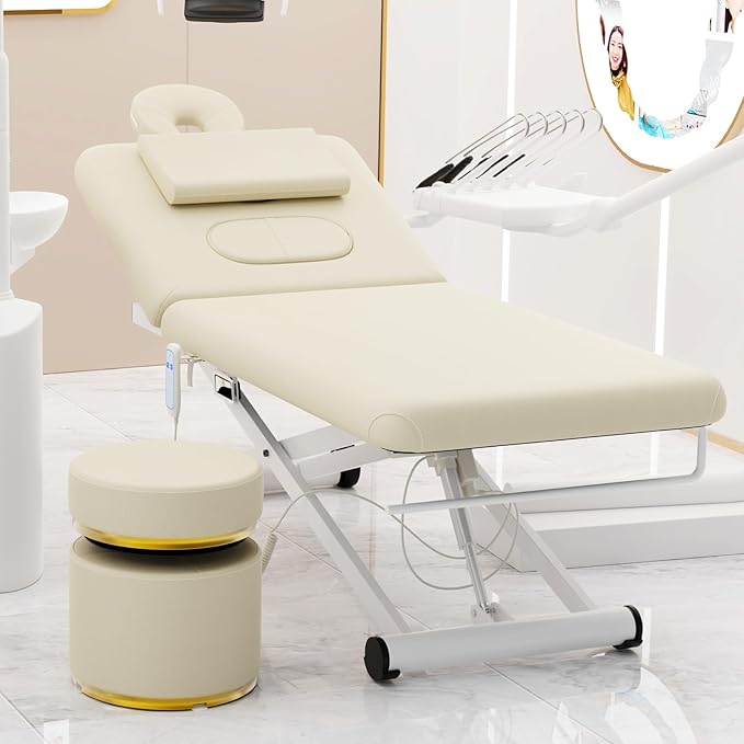 pouseayar Heavy Duty Electric Massage Table, Electric Lift Motor and Manual Backrest Adjustable for Treatment/Medical Spa/Facial Bed/Beauty Bed and More - 31.5 Wide x 75 Long - White