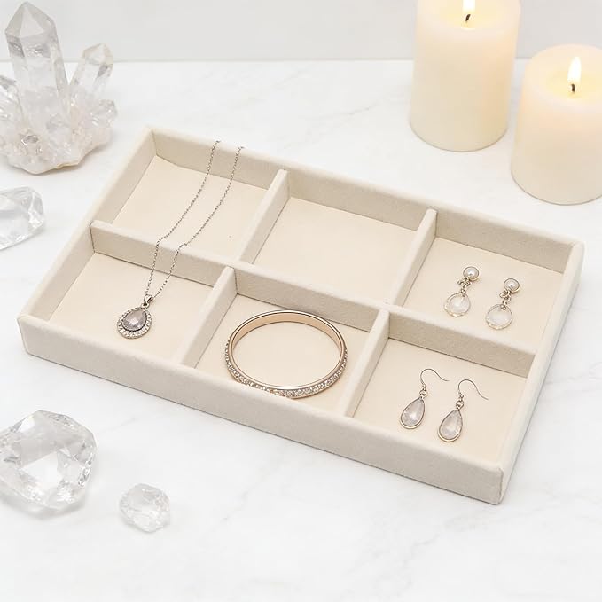 Velvet Jewelry Organizer Tray, Beige 6 Grids | Stackable Jewelry Storage Display Tray with Removable Dividers for Drawer Dresser Cloest Organizer