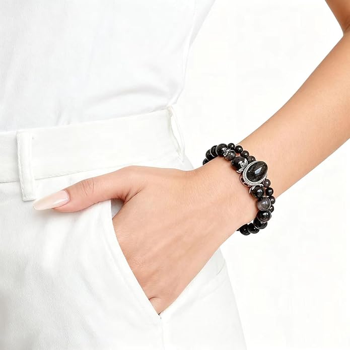 Black Obsidian Crystal Bracelet for Women, Stretch Elastic Bead Chakra Healing & Protection Bracelet, Positive Energy Jewelry Gift for Her, Girlfriend, Bestie, Birthday, Valentine‘s Day