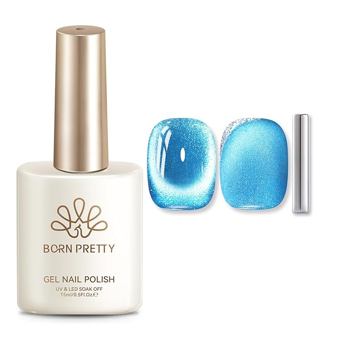 Born Pretty Blue Cat Magnetic Eye Gel Nail Polish,15ML Sea Blue Holographic Shimmer Glitter Magnetic Gel Polish,Reflective Translucent U V Gels for Manicure Salon DIY