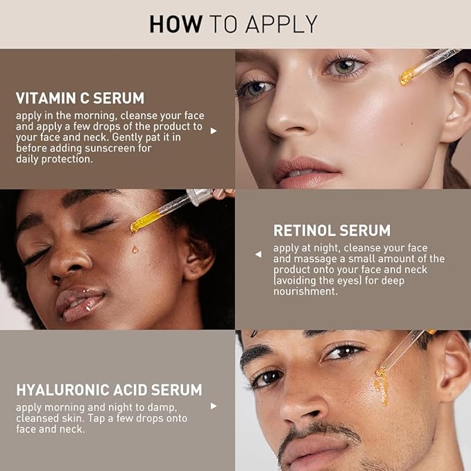 Aiwei Facial Serum Set - Includes Vitamin C, Retinol & Hyaluronic Acid - Improve Skin Texture, Glow & Hydration - Day and Night Face Serums for All Skin Types