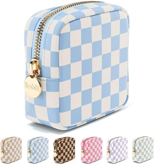 Embla Makeup Bag Travel Cosmetic Bag, Toiletry Bag, Cute Makeup Organizer, Nylon Zipper Pouch Purse Storage Bag Cosmetics Organizer, Womens Make Up Bag Mini Makeup Bags (Sky Checkered)