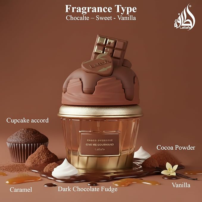 Lattafa Choco Overdose Eau de Parfum, Gourmand Collection, Dark Chocolate Fudge and Caramel Fragrance, 75ml Spray, Sweet and Elegant Give Me Gourmand Collection