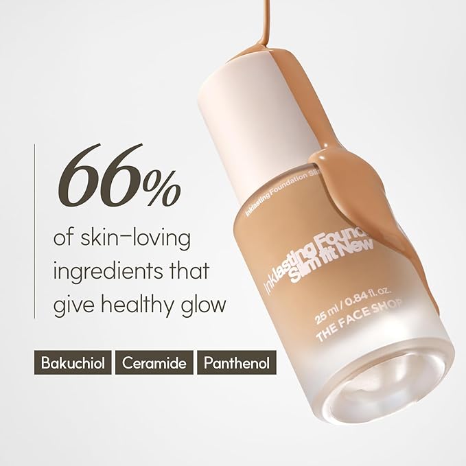 THE FACE SHOP Ink Lasting Liquid Foundation, Full Coverage, 72‑Hour Wear Semi‑Matte Finish, Makeup with Bakuchiol, W320 Honey, 0.84 Fl. Oz.