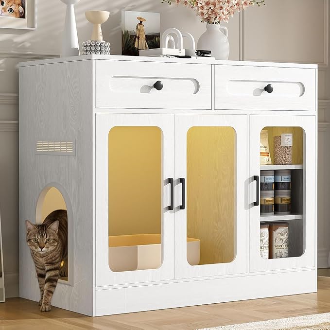 Cat Litter Box Enclosure Furniture with Glass Doors & LED Light, Large Hidden Litter Box Cabinet with Drawers and Adjustable Shelf, Modern Cat Litter Box Cover Side Entry for Living Room Bedroom,White