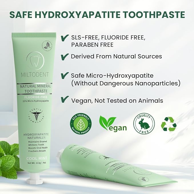 MILTODENT Premium Hydroxyapatite Toothpaste –15% Micro-Hydroxyapatite | Fluoride-Free, Best Taste, Foam-Free, Natural Mineralizing| Safe Alternative to Nano-Hydroxyapatite | SLS-Free & Natural - 2Pack