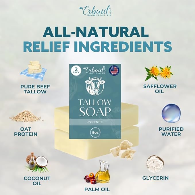 Beef Tallow Soap Bar – All Natural Grass Fed Tallow Soap Unscented – Moisturizing Face & Body Wash Great for Eczema, Dry, Itchy, Sensitive Skin – Handcrafted Bath Soap for Adults, Kids, Made in USA