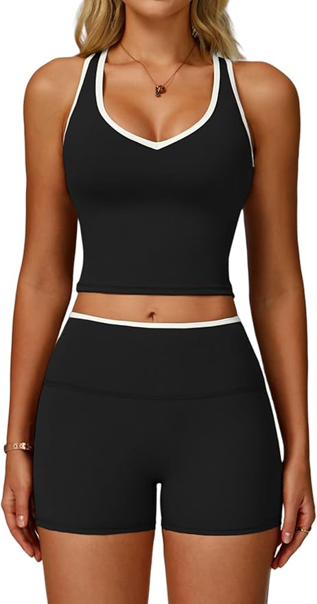 Women 2 Piece Workout Sets Racerback Color Block Tank Top High Waist Tummy Control Shorts Yoga Outfits