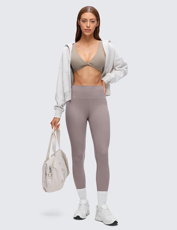 CRZ YOGA Butterluxe Front Twist Deep V Neck Sports Bras for Women - Wide Straps Padded U Back Yoga Crop Top