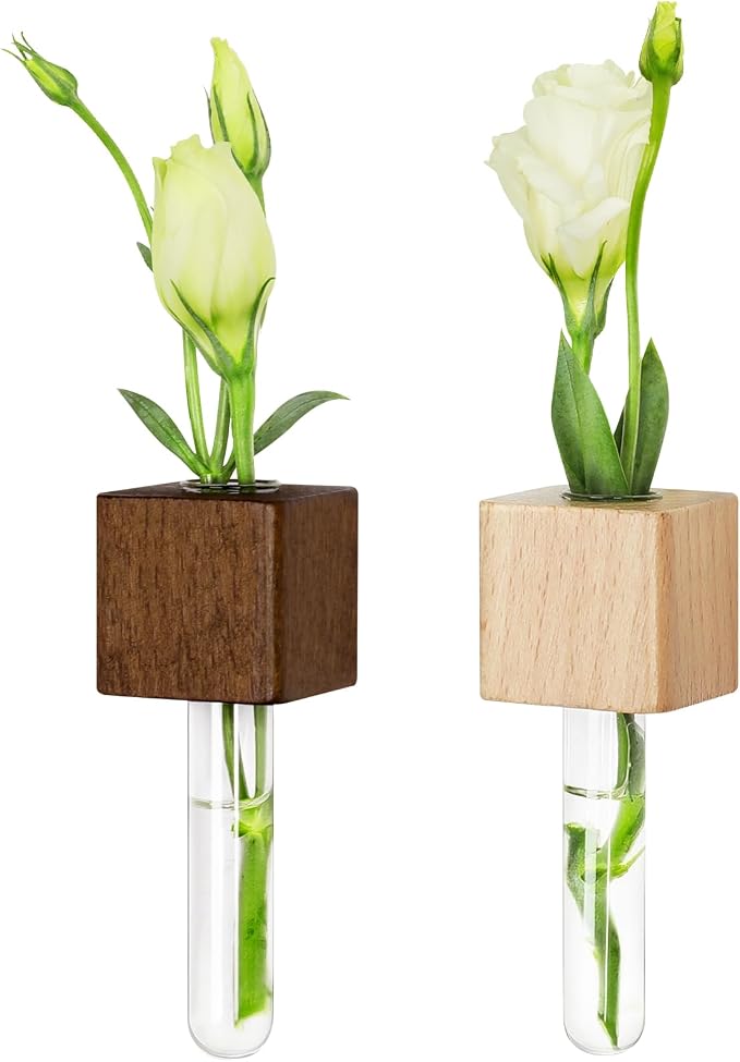 Magnetic Test Tube Flower Vases for Refrigerator, Set of 2 | Wooden magnetic vases in light and dark finishes for fresh cuttings and plant propagation. Plant not included. ﻿