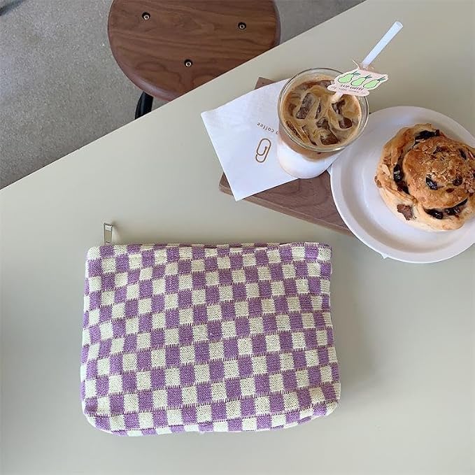 PAZIMIIK Knitted Checkered Makeup Bag Large Zipper Make Up Accessory Pouch for Purse Cosmetic Brush Bag for Travel Essential,Purple