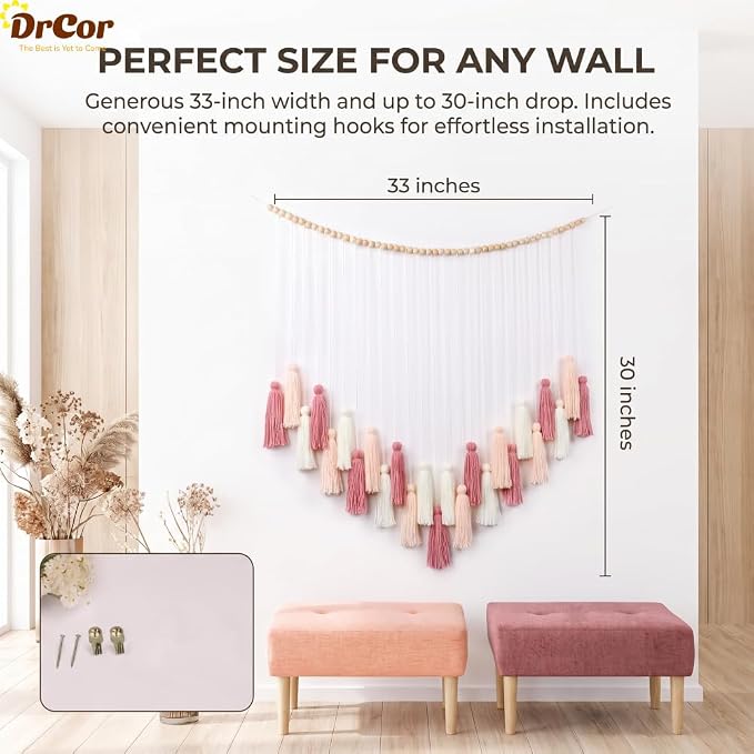 DrCor Blush Pink Tassel Garland – Boho Nursery Decor | Macrame wall hanging for baby girl nursery, toddler room. Rose gold boho decor.