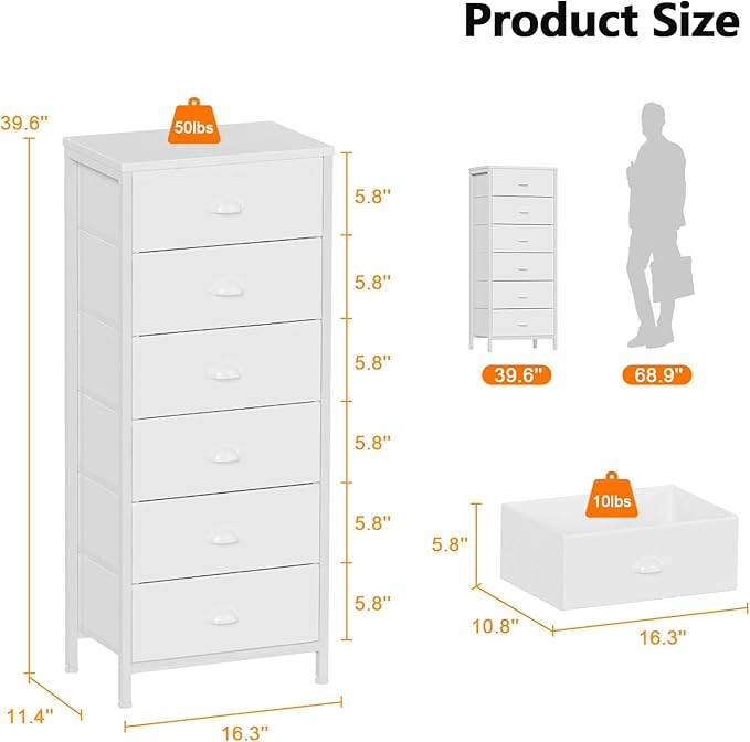 White Dresser for Bedroom, 6 Fabric Drawers Chest of Drawers | Tall Skinny Dresser for Closet, Vertical Storage Tower Unit, Tall Nightstand for Dorm, Living Room, Metal Frame, Wooden Top