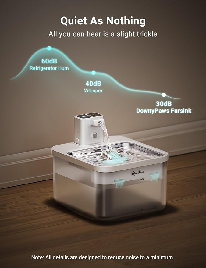 DownyPaws Cat Water Fountain Cordless, Pet Fountain, 84oz/2.5L, White Pro | Wireless Cat Drinking Water Fountains for Cats Indoor, Fursink , Battery Operated, Motion Sensor, Ultra Quiet Pump, BPA-Free