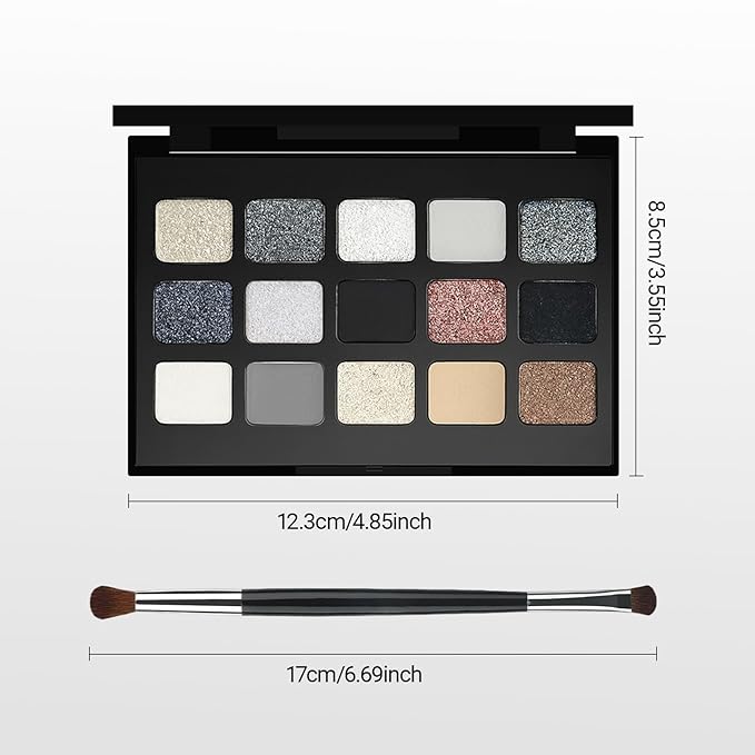 Erinde Smokey Black Eyeshadow Palette, 15 Colors Eyeshadow Pallet with Mirror, Silver Gray White Black Tones Matte Shimmer Eye Shadow Travel Size High Pigmented for Vampire Clown Joker Goth Halloween