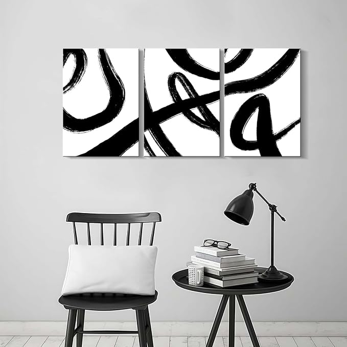 3Pcs Framed Abstract Black and White Canvas Wall Art Minimalist Brushstroke Line Prints Modern Home Gallery Style Picture Painting Posters Bedroom Living Room Office 16x24 Inch Ready to Hang