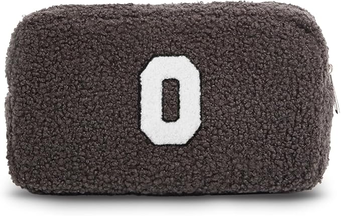 Cute Makeup Bag, Initial Cosmetic Bag, Fuzzy Makeup Bags for Women, Beauty Pouch with Chenille Letter, Personalized Cosmetic Pouch for Travel, Dark Grey O