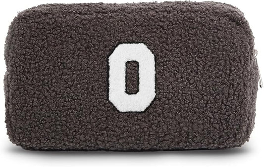 Cute Makeup Bag, Initial Cosmetic Bag, Fuzzy Makeup Bags for Women, Beauty Pouch with Chenille Letter, Personalized Cosmetic Pouch for Travel, Dark Grey O