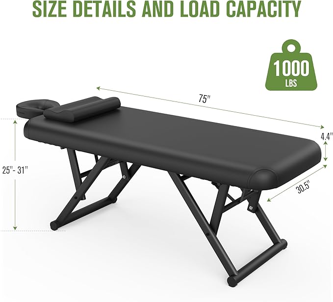 Heavy Duty Stationary Massage Table - Adjustable Massage Table With Adjustable Height & Fixed Backrest, Treatment Tables With PU Leather, C-Shaped Pillow and Sturdy Metal Frame Support Up to 1000LBS
