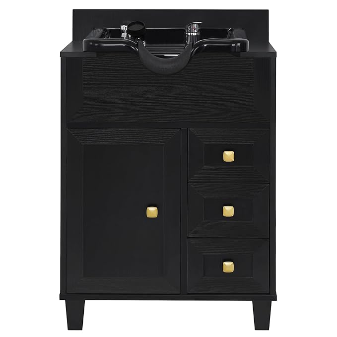 BarberPub Barber Storage Shampoo Station, Spa Textured Embossed Cabinet with Shampoo bowl & Drawers, Hair Salon Sink Backwash Equipment 7131 (Black)