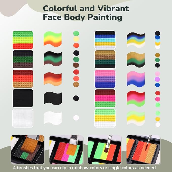 Janolia Face Painting Kit for Kids, Camo Face Paint Kit, Water Activated Face Paint, Rainbow Split Cake Face Body Paint, Ideal Facepaint Makeup Kit for Kids Party Cosplay Halloween Easter Carnival
