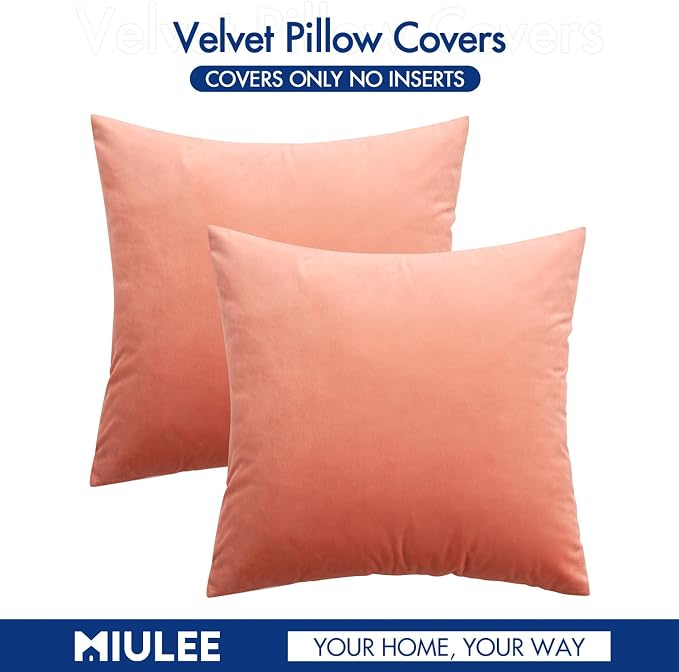 MIULEE Velvet Throw Pillow Covers 18x18 Inch Pack of 2 Coral Red | Soft Solid Decorative Pillow Covers, Modern Luxury Home Decor, for Couch Chair Sofa Bedroom Livingroom