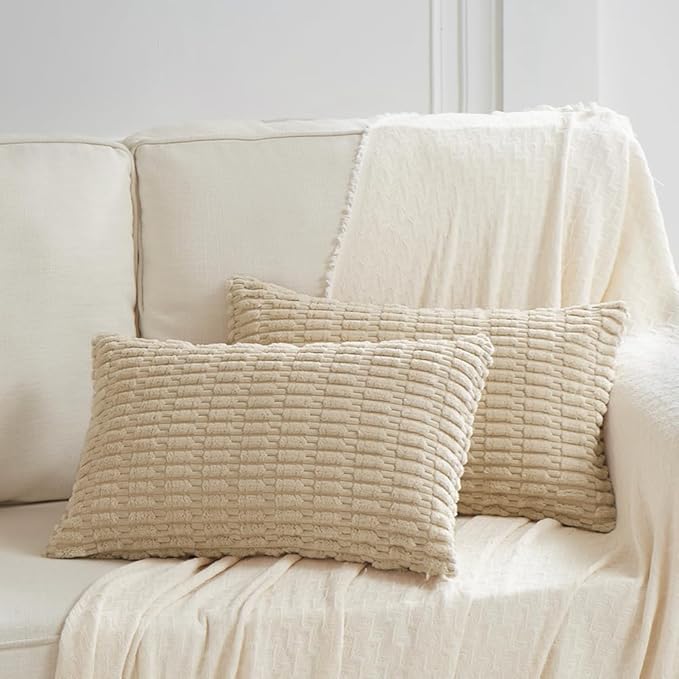 Fancy Homi Tan Lumbar Decorative Throw Pillow Covers 12x24 Inch for Living Room Couch Bed Sofa, Rustic Farmhouse Boho Home Decor, Soft Striped Corduroy Rectangle Cushion Case 30x60 cm