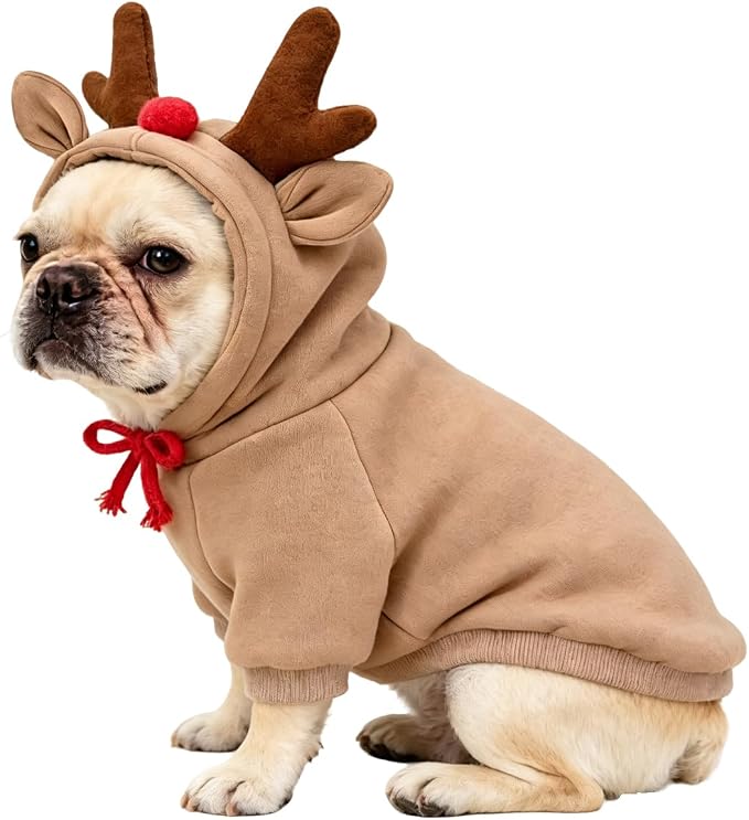 Fleece Lined Reindeer Design Dog Hoodie Costume, XXL | Autumn Winter Cute Pet Clothing & Christmas Party Costume For 2-25 Lbs Dog Cat French Bulldog Chihuahua Pug Poodle Dachshund