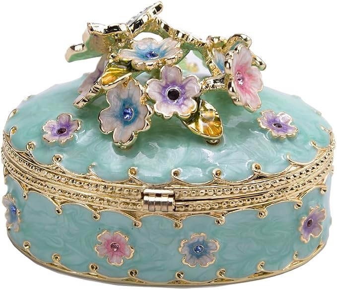 Jewelry Trinket Box Decorative Vintage Style Jewelry Organizer for Women Rhinestones Jewelry Storage Home Decor Unique Gift (Oval Blue)