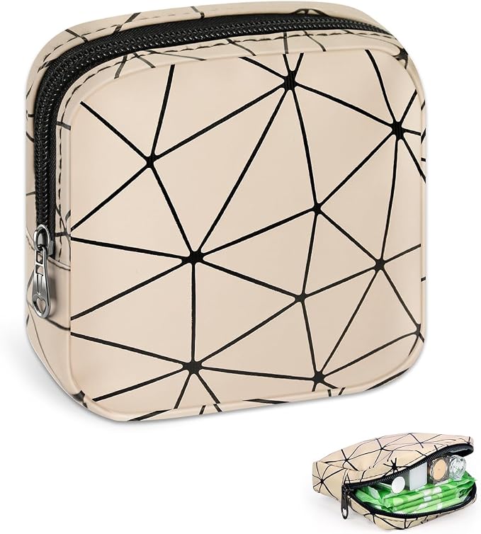 Discreet Period Bag Waterproof Geometric PU Sanitary Napkin Storage Bag Portable Menstrual Pad Pouch Cute Tampon Bag for Purse Small Makeup Bag S-Apricot