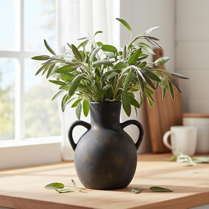 SIDUCAL Rustic Ceramic Farmhouse Flower Vase with 2 Handles, Terracotta Vase, Decorative Pottery Flower for Home Decor, Table, Wedding, Living Room, Shelf Decor, 7.3 Inch, Black Bronze