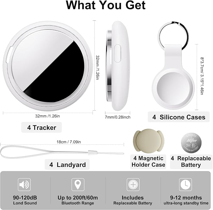Air Tracker Tag Works with Apple Find My (iOS Only) Includes Replaceable Battery, Bluetooth Smart Item Locator Key Finder for Keys, Luggage, Wallet, Pet, Car, Bike (White, 4-Pack)