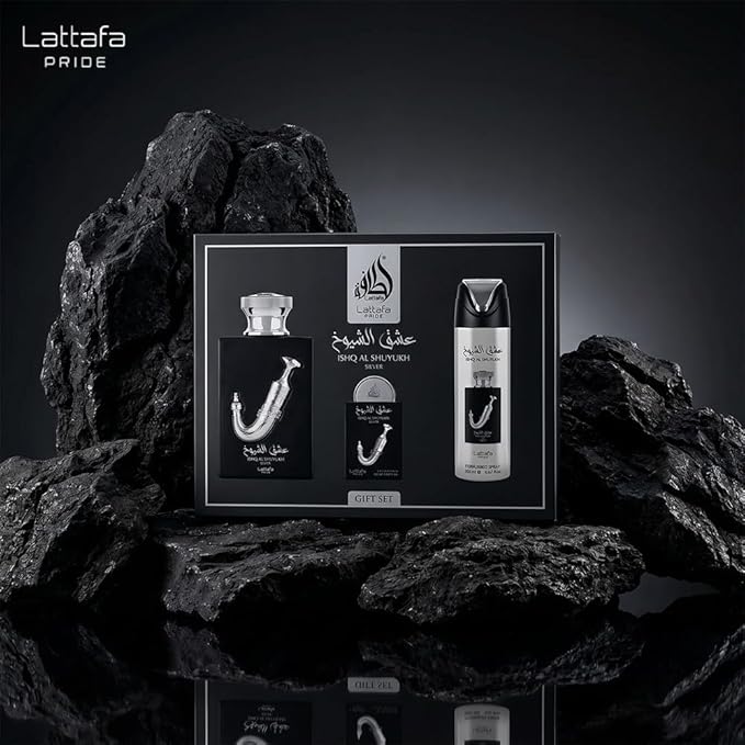 Lattafa Pride - Ishq Al Shuyukh Silver for Men - 3 Pc Gift Set 3.4oz EDP Spray, 6.67oz Perfumed Body Spray, 0.67oz EDP Spray