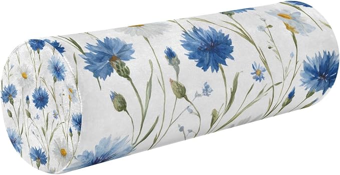 Neck Roll Pillow Bolster Pillows Round Health Memory Foam Long Cervical Cylinder Bolster Body with Removable Washable Cover for Bed Legs Back Yoga Blue Daisy Cornflowers White