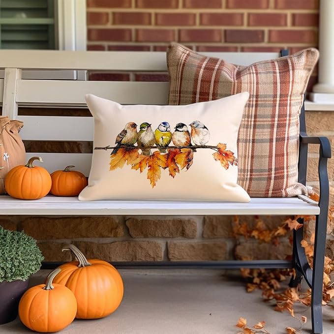 RABUSOFA Fall Pillow Covers 12x20 Inch Bird Autumn Decorations for Home Outdoor Thanksgiving Decor Maple Leaf Decorative Lumbar Throw Pillow Cases Farmhouse for Couch Sofa