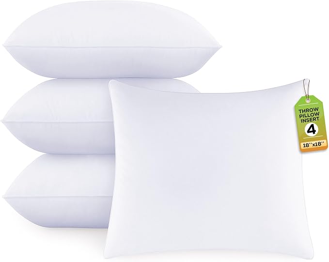 GOLD TEXTILES White Throw Pillows Insert (Pack of 4) - 18 X 18 Inches Non Woven 100% Polyester Bed Pillow - Side Sleeper Soft Indoor Rectangular Shape Down Pillow - Bed and Cushion Couch Hotel Pillows