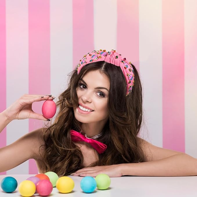 mokkia Easter Headbands Beaded Rabbit Bunny Headband for Women Pink Spring Knotted Headband Easter Hair Accessories Gifts