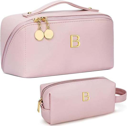 KKXIU Initial Makeup Bag for Women - Personalized Makeup Bag Gifts for Women, Travel Toiletry Bag with PU Leather, Open Flat Design with Top Handle, Cosmetic Bag Set with Multi-Pocket (Pink,B)